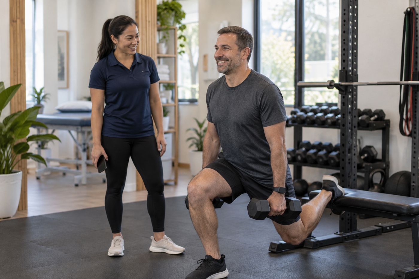 An exercise physiologist coaching a client through a split squat