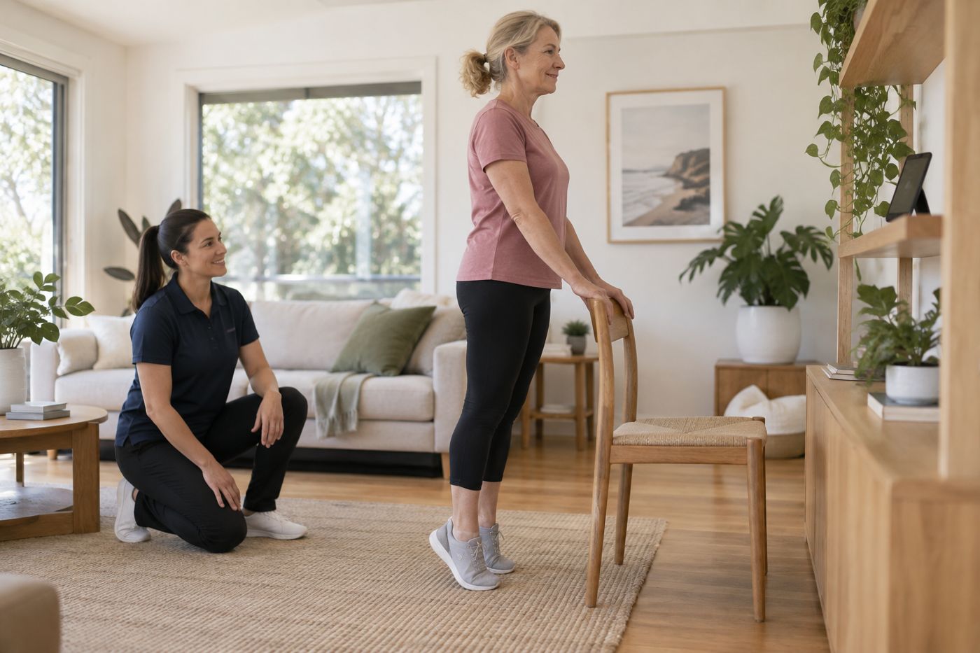 A client doing a supported calf raise at home