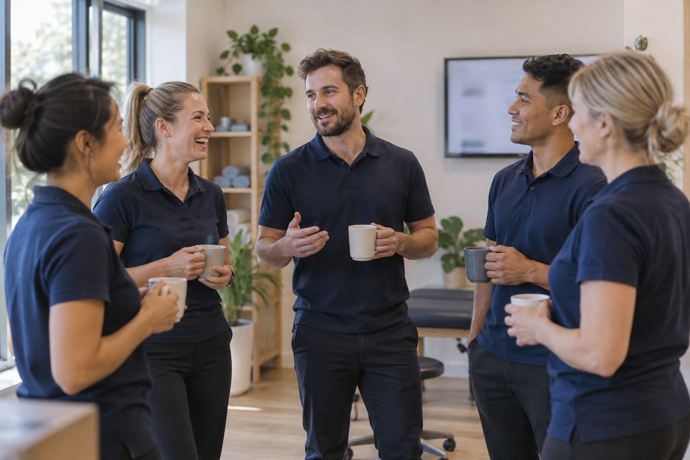 A clinic team in a short morning stand-up with coffee