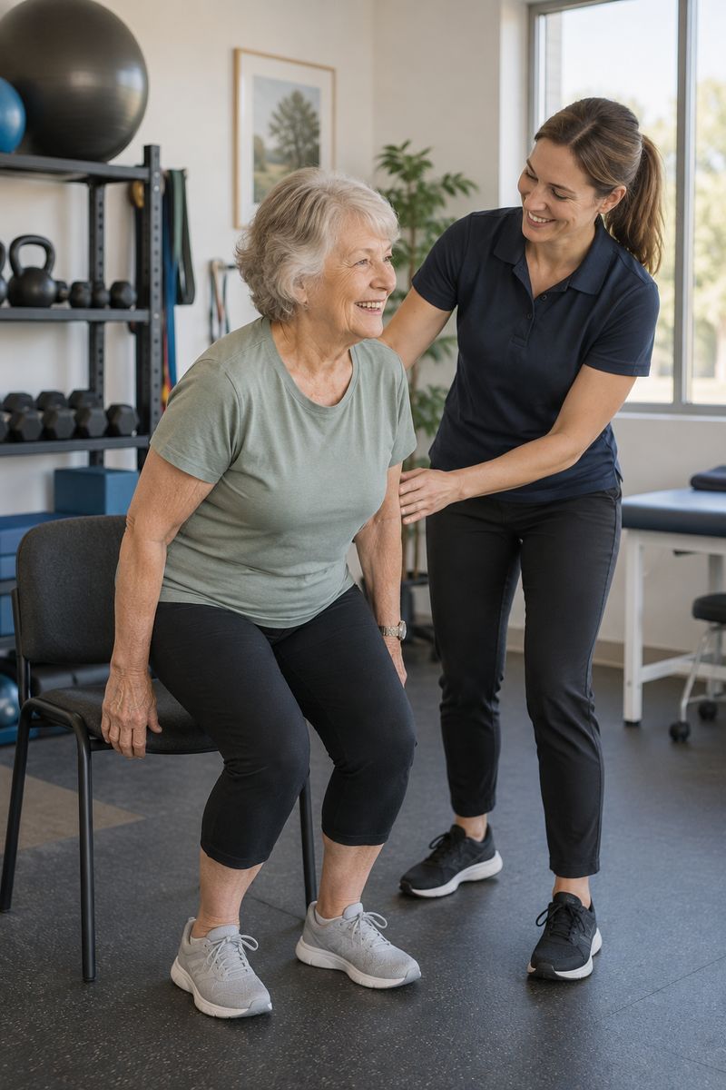 An exercise physiologist helping an older woman with a sit-to-stand exercise