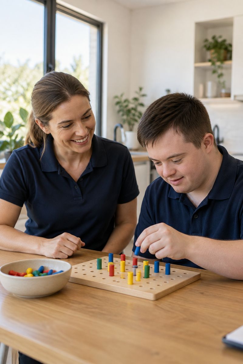 An occupational therapist working with a young adult on a dexterity task