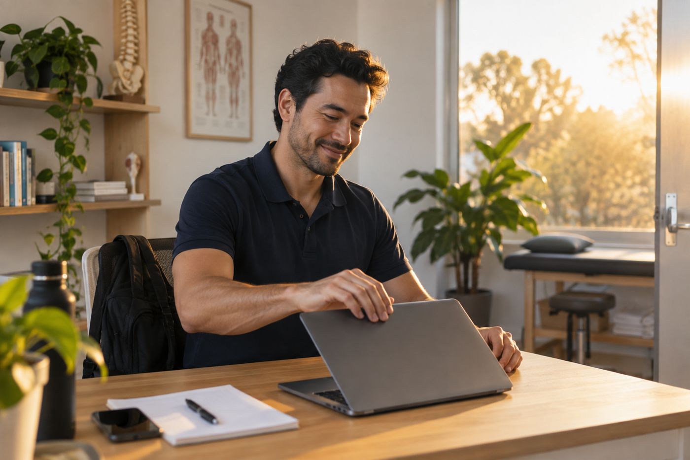 A clinic owner closing his laptop at the end of the day