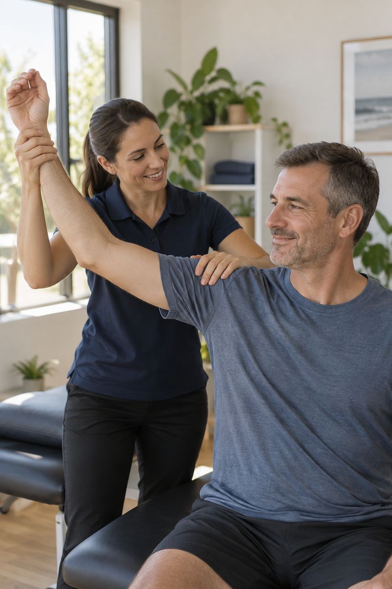 A physiotherapist assessing a client's shoulder range of motion