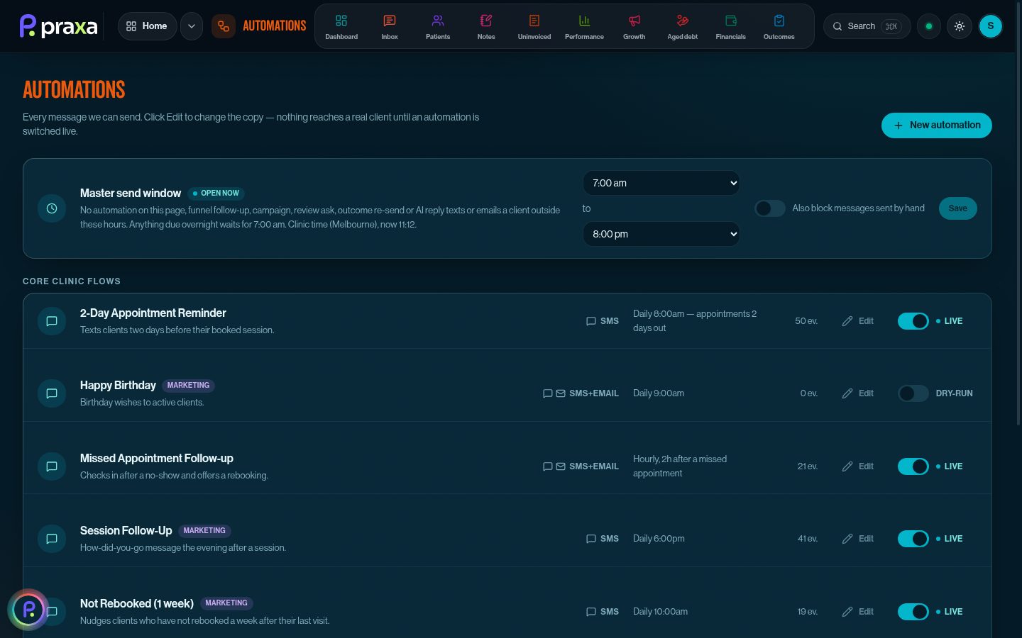 Automations with master send window