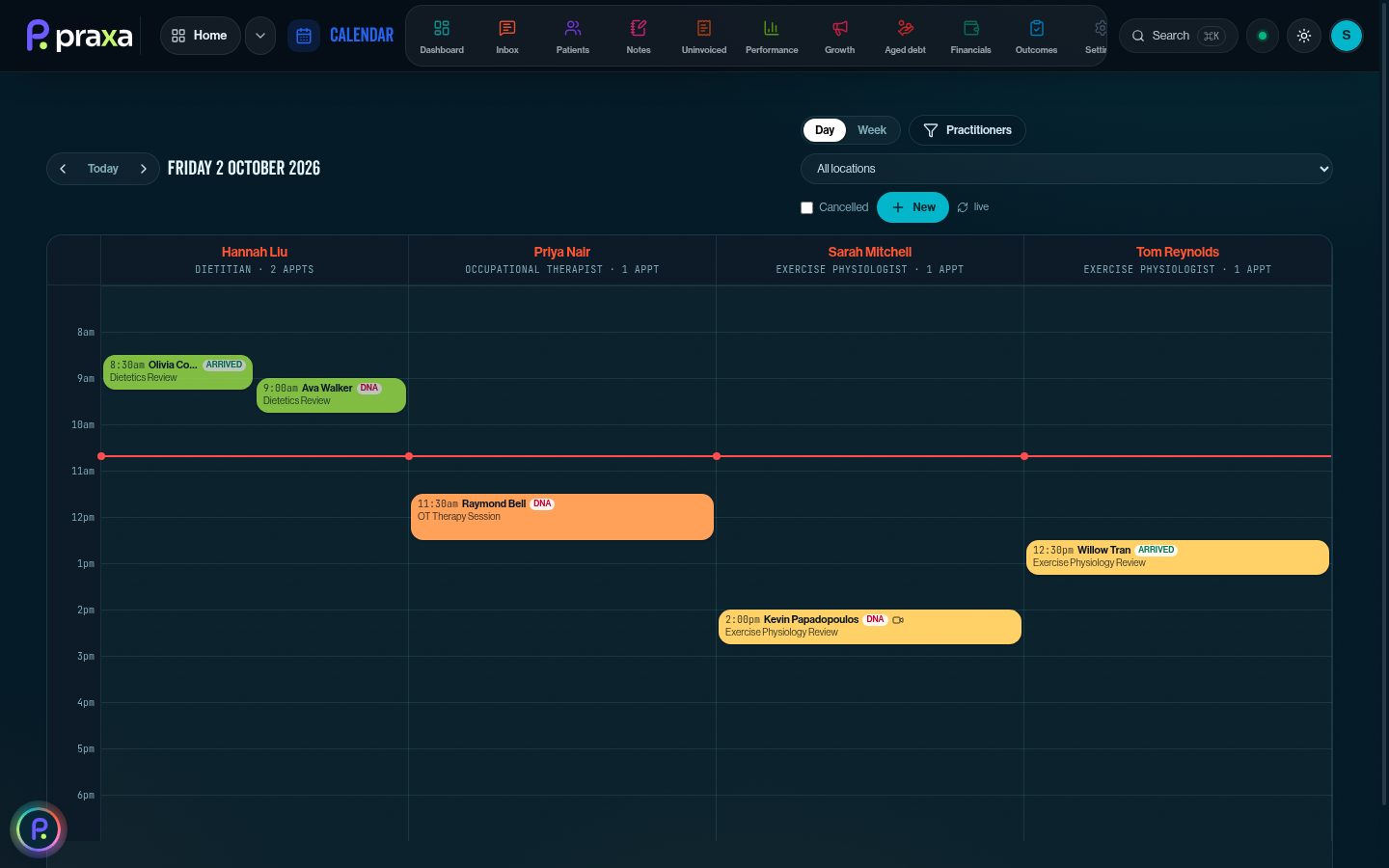 Calendar: practitioner columns with arrived and DNA flags