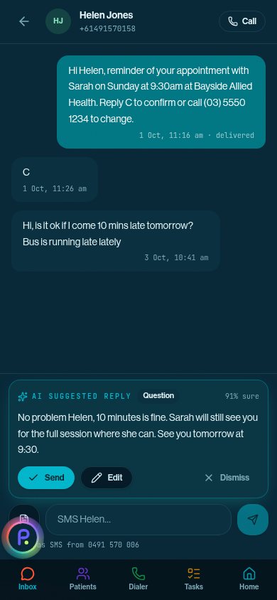 Praxa on mobile: inbox thread with AI reply
