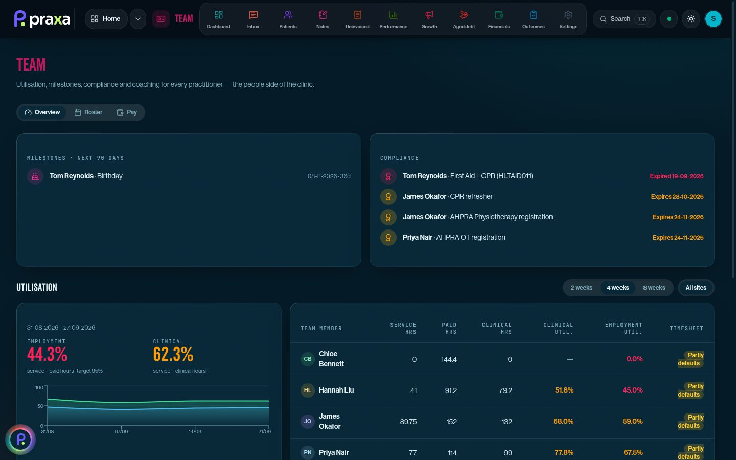 Team: utilisation, compliance and milestones