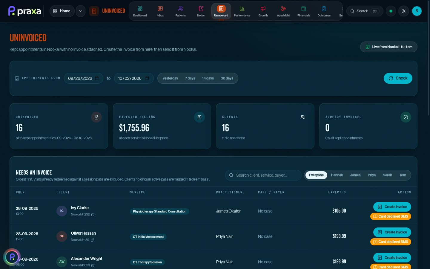 Uninvoiced appointments with expected billing