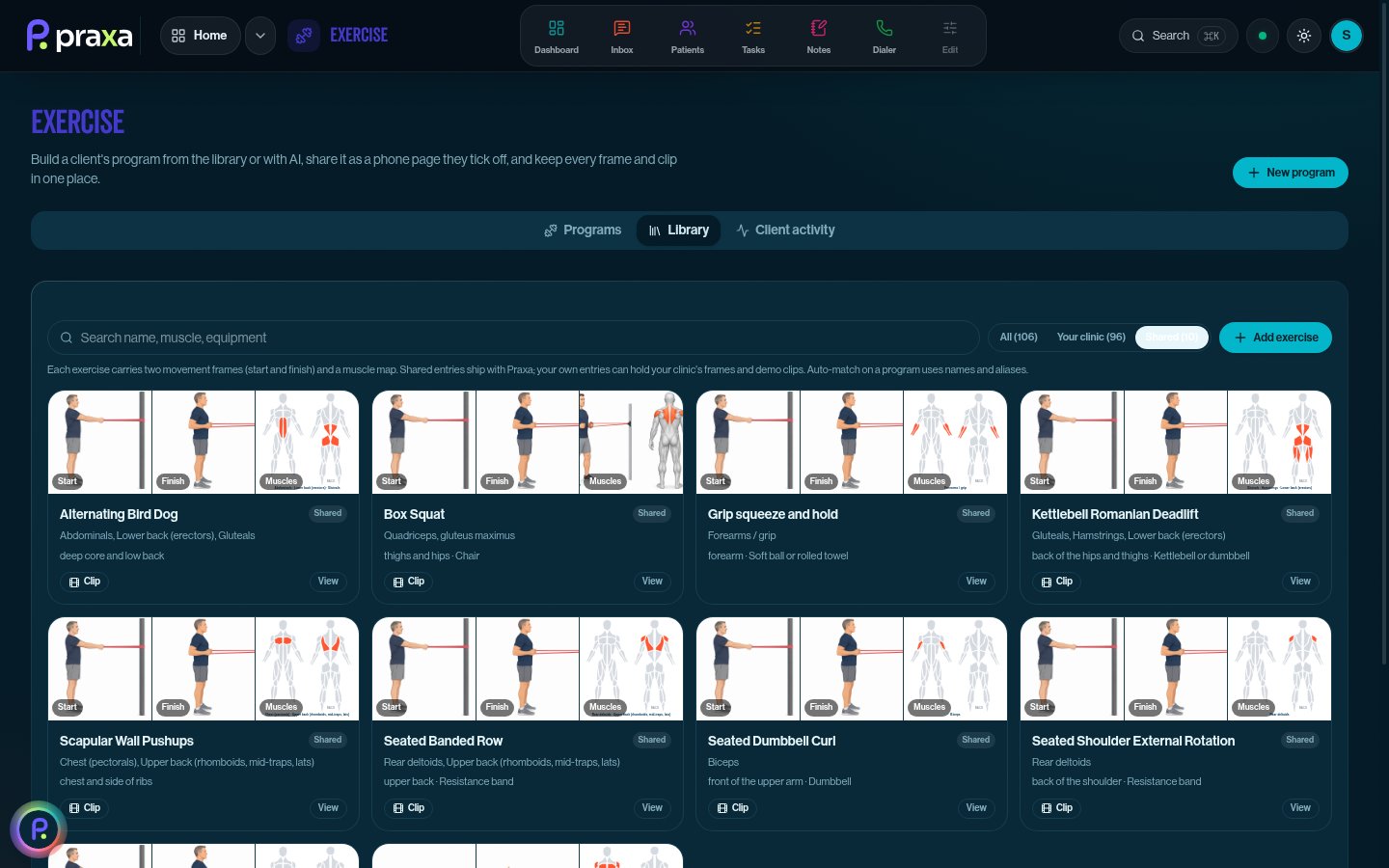 Exercise library with start and finish frames and a muscle map